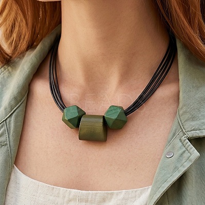Wooden Faceted Round and Trapezoid Beads Pendant Imitation Leather Cord Multi-Strand Necklaces for Women WG6B682-03-1
