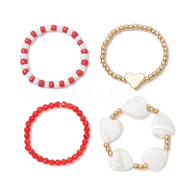 Transparent Glass Beads with Brass Beads and Natural Trochid Shell/Trochus Shell Beads and Glass Seed Beads Rings RJEW-TA00188-1