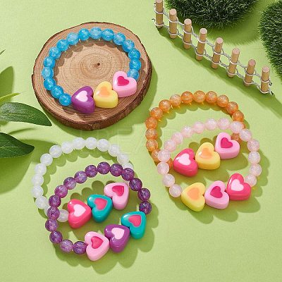 Imitation Cat Eye Resin Heart Beaded Stretch Bracelet for Kids BJEW-JB09569-1