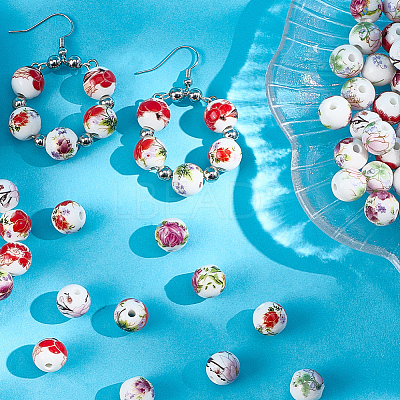 Handmade Flower Printed Porcelain Ceramic Beads PORC-LT0001-12B-1