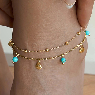 Synthetic Turquoise Round & 304 Stainless Steel Shell Shape Charm Double Layer Anklets for Women FS-WG7A7AF-01-1