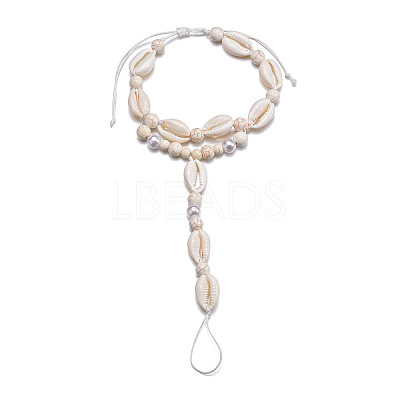 Bohemian Style Natural Cowrie Shell & Plastic Imitation Pearl & Waxed Cord Adjustable Toe Ring Anklets FS-WG56DB4-01-1