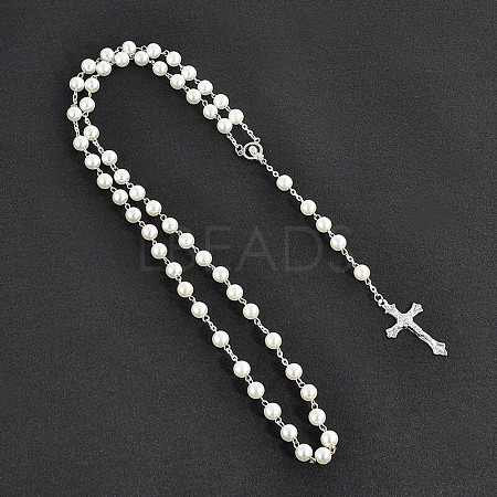 Long Handmade Imitation Pearl Cross Pendant Lariat Necklace Unisex Tassel Sweater Chain Necklaces FZ4072-6-1