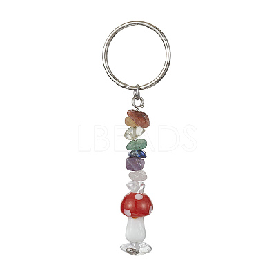 7Pcs 7 Styles Chakra Natural Gemstone Chips Keychains with Lampwork Mushroom Charm KEYC-JKC00547-S-1