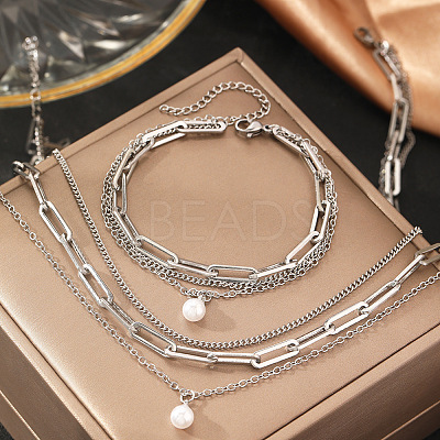 3-Layer 304 Stainless Steel Oval Link Chain Necklaces & Bracelets Sets FS-WGE493C-02-1