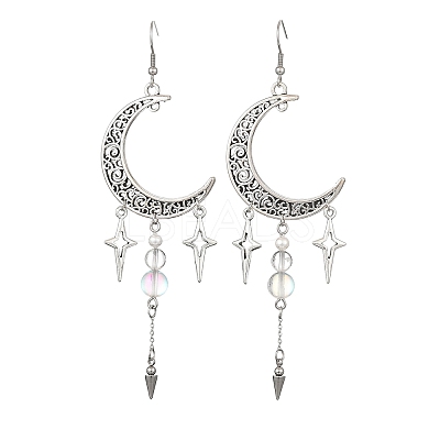 Natural Quartz Crystal & Synthetic Moonstone Beads & Alloy Pendant Chandelier Earrings EJEW-TA00814-1