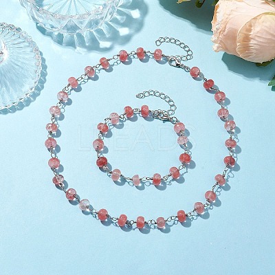 Rondelle Cherry Quartz Glass Links Bracelets & Necklaces Sets SJEW-JS01295-01-1