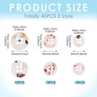 45Pcs 3 Style 4-Holes Shell Buttons BUTT-TA0001-27-1