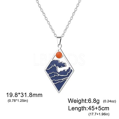 304 Stainless Steel Enamel Blue Sea Wave with Sun Pendant Necklaces for Women WGB8498-03-1