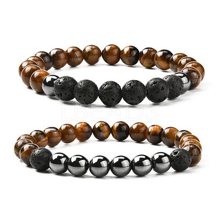 Natural Tiger Eye & Lava Rock & Synthetic Hematitie Beads Stretch Bracelet Set BJEW-JB07030-1