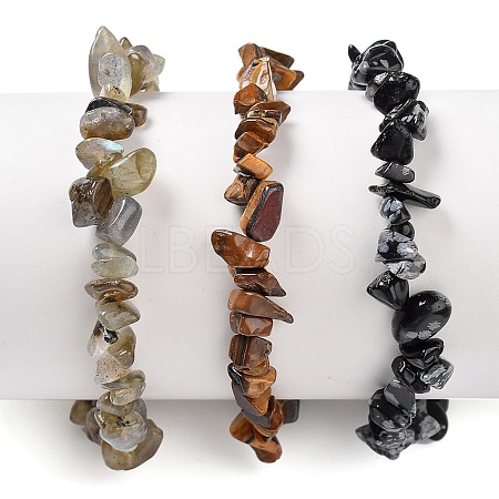Chips Natural Labradorite & Snowflake Obsidian & Tiger Eye Beaded Stretch Bracelets Sets X-BJEW-JB05332-05-1