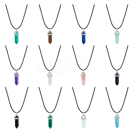 FIBLOOM 12Pcs 12 Styles Double Terminated Pointed Bullet Natural & Synthetic Mixed Gemstone Pendant Necklaces with Wax Cords NJEW-FI0001-44-1