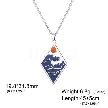 304 Stainless Steel Enamel Blue Sea Wave with Sun Pendant Necklaces for Women WGB8498-03-1