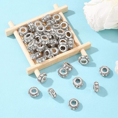 Flat Round Antique Silver Plated Alloy Rhinestone European Beads X-ALRI-Q228-10H-1