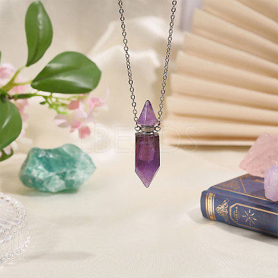 1Pc Natural Amethyst Faceted Pointed Bullet Shaped Perfume Bottle Pendant Necklaces NJEW-FH0001-38P-01-1
