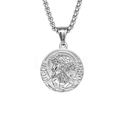 Religion 304 Stainless Steel Embossed Jesus Round Medal Pendant Necklaces for Men WG67465-01-1