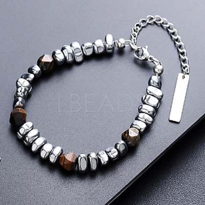 Natural Tiger Eye & Stainless Steel Nugget Beaded Bracelets WG37350-01-1