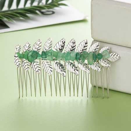 Leaf Natural Green Aventurine Chips Hair Combs PW-WG12843-06-1