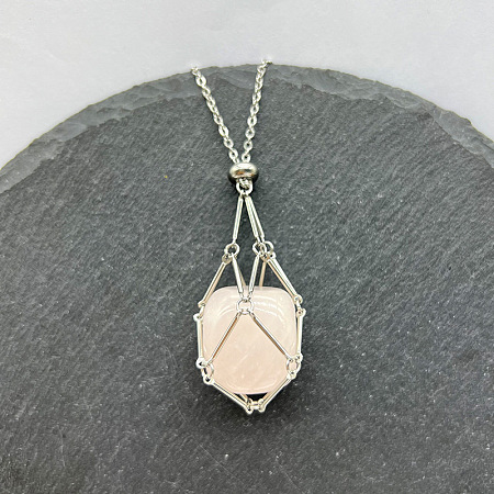 Natural Rose Quartz Nuggets Macrame Pouch Pendant 201 Stainless Steel Chain Necklaces FS-WG7A779-02-1