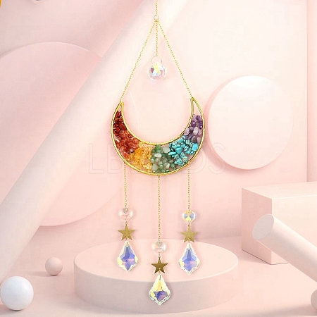 Copper Wire Wrapped Gemstone Chips & Metal Moon Pendant Decorations PW23101760858-1