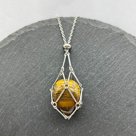 Natural Tiger Eye Nuggets Macrame Pouch Pendant 201 Stainless Steel Chain Necklaces FS-WG7A779-07-1