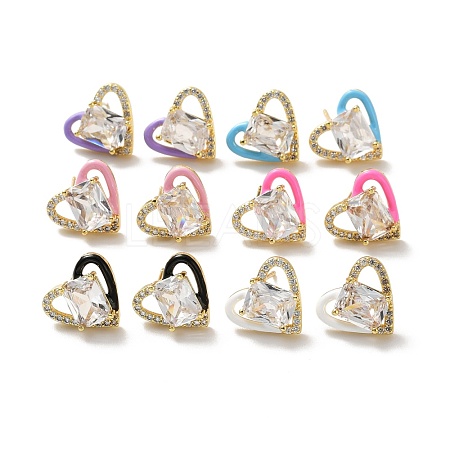 Clear Cubic Zirconia Heart Stud Earrings with Enamel EJEW-C027-04G-1