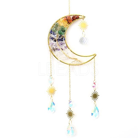 Copper Wire Wrapped Gemstone Chips & Metal Moon with Tree of Life Pendant Decorations PW23111624948-1