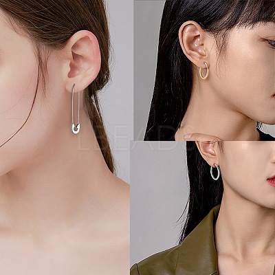 4Pair 4 Style Safety Pin & Ring 304 Stainless Steel Hoop Earrings for Women EJEW-SZ0001-84-1