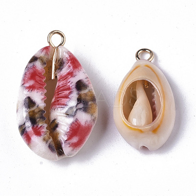Printed Natural Cowrie Shell Pendants SSHEL-R047-02-B04-1
