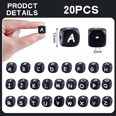 20Pcs Black Cube Letter Silicone Beads 12x12x12mm Square Dice Alphabet Beads with 2mm Hole Spacer Loose Letter Beads for Bracelet Necklace Jewelry Making JX433E-1