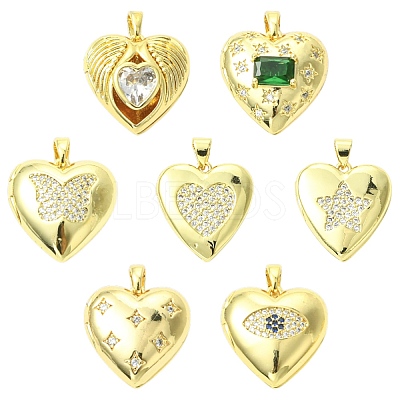 7Pcs 7 Styles Brass Micro Pave Clear Cubic Zirconia Locket Pendants FIND-CJ0005-08-1