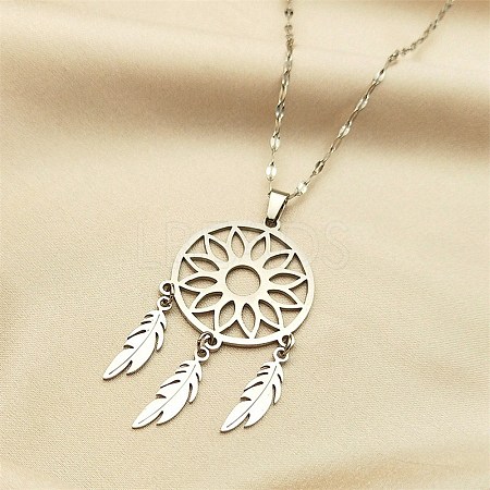 Non-Tarnish Woven Net/Web with Feather 304 Stainless Steel Pendant Necklaces for Women NJEW-G087-02P-1