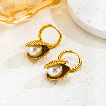 Shell Shape 304 Stainless Steel Plastic Imitation Pearl Hoop Earrings FS-WG3C29E-02-1