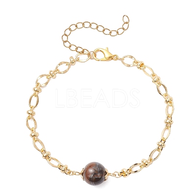 3Pcs Natural Rose Quartz & Tiger Eye & Lapis Lazuli & Brass Link Chain Bracelet Sets BJEW-JB12646-1