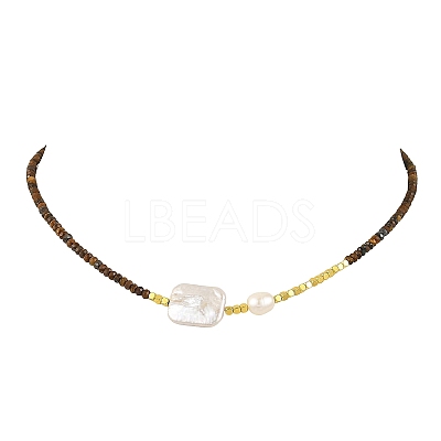 Rectangle Natural Baroque Keshi Pearl and Faceted Round Natural Tiger Eye Beaded Necklaces for Women NJEW-JN06682-01-1