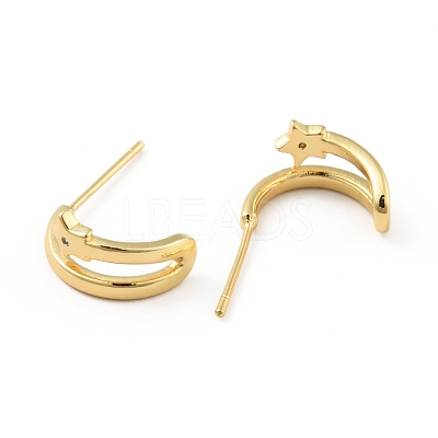 Brass Moon with Star Stud Earrings for Women EJEW-B013-08-1