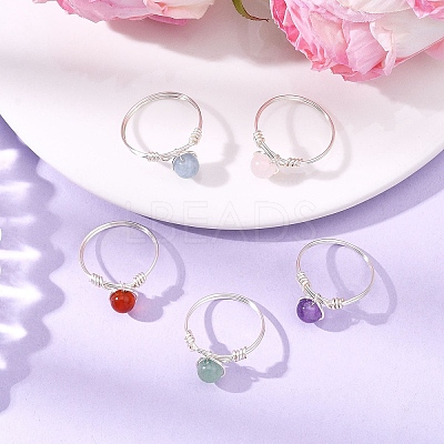 Natural Gemstone Round Braided Bead Finger Rings for Women RJEW-JR00953-02-1