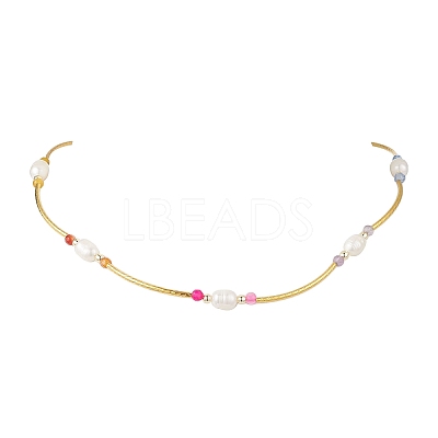 Natural Amethyst & Carnelian & Agate & Amazonite & Green Aventurine Faceted Round & Natural Pearl Rice & Brass Curved Tube Beaded Necklaces NJEW-JN05534-1