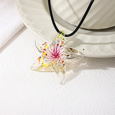 Summer Beach Starfish Transparent Glass Pendant Black Waxed Cord Necklaces for Women FS-WG29C72-02-1