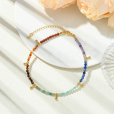 Chakra Grade A Natural Amethyst & Lapis Lazuli & Amazonite & Green Aventurinee & Tiger Eye & Carnelian & Red Jasper Faceted Round Beaded Anklets AJEW-AN00882-1