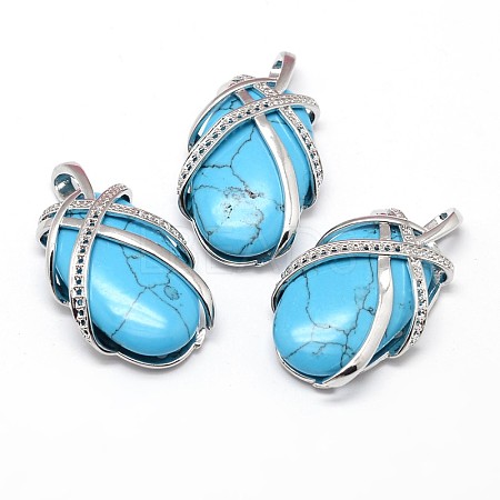 Oval Platinum Tone Brass Synthetic Turquoise Pendants G-F228-73B-RS-1