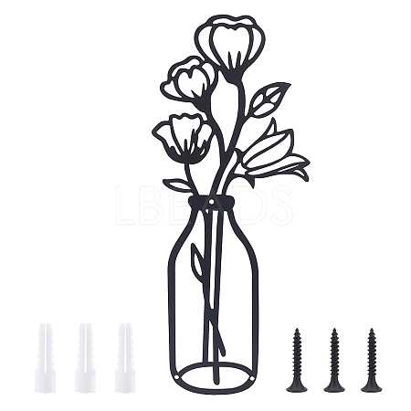 Iron Wall Art Vase Flowers AJEW-WH0263-17-1