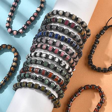 Adjustable Natural & Synthetic Gemstone and Non-magnetic Synthetic Hematite Braided Bead Bracelets BJEW-Z090-01-1