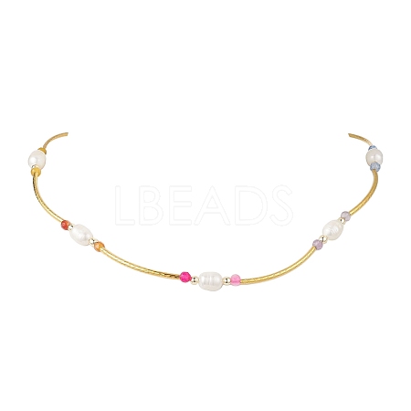 Natural Amethyst & Carnelian & Agate & Amazonite & Green Aventurine Faceted Round & Natural Pearl Rice & Brass Curved Tube Beaded Necklaces NJEW-JN05534-1