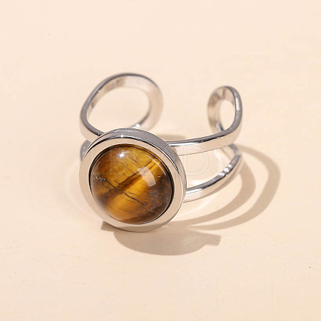304 Stainless Steel & Natural Tiger Eye Cuff Rings FS-WGDE3F0-09-1
