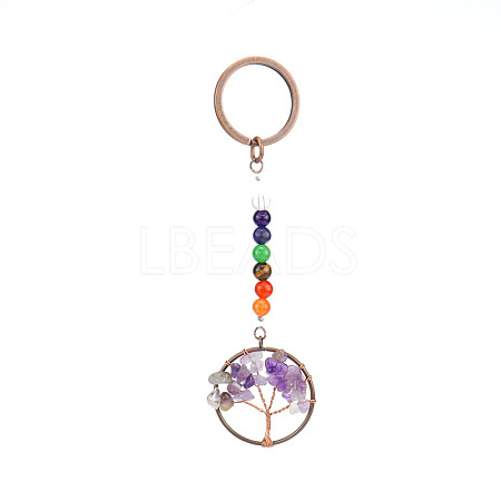 Flat Round with Tree of Life Natural Amethyst Chips Keychains PW-WG79447-03-1