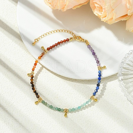 Chakra Grade A Natural Amethyst & Lapis Lazuli & Amazonite & Green Aventurinee & Tiger Eye & Carnelian & Red Jasper Faceted Round Beaded Anklets AJEW-AN00882-1