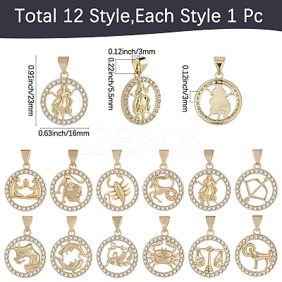12Pcs 12 Styles Brass Micro Pave Cubic Zirconia Pendants KK-BM0001-01-1