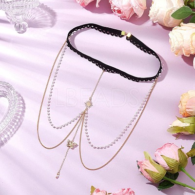 Brass Clear Cubic Zirconia Layered Sun Butterfly Tassel Thigh Leg Chains AJEW-AN00638-1