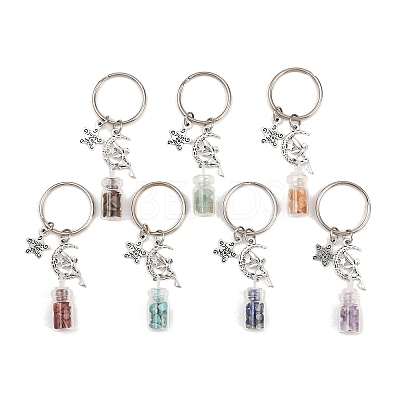 7Pcs 7 Styles Glass Bottle with Chakra Gemstone Chip Inside Keychains KEYC-JKC01393-01-1